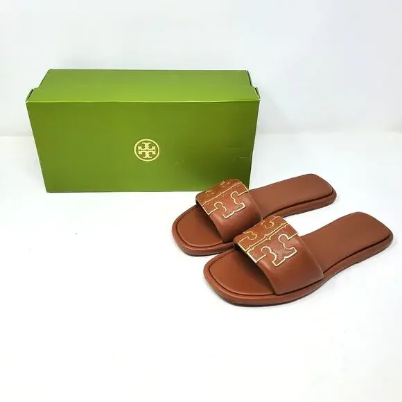 Tory Burch Double T Sport Slide Sandal Leather Bourbon Miele Gold 79985 Size 8.5 - Picture 2 of 10